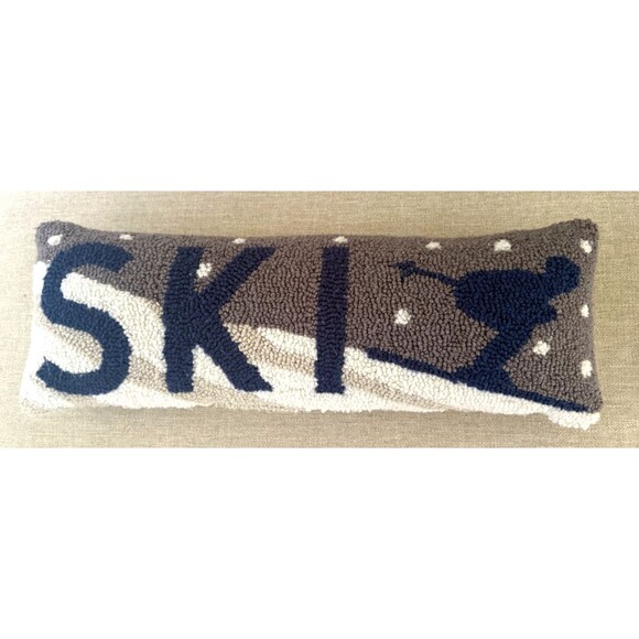 Handmade Custom Hooked Wool "Ski" Lumbar Pillow 24" x 8" - Picture 1 of 7